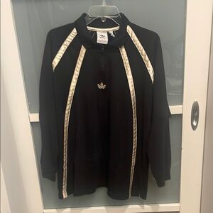 Adidas Black Pullover Shirt Jacket with Zipper and Gold Stripes, S